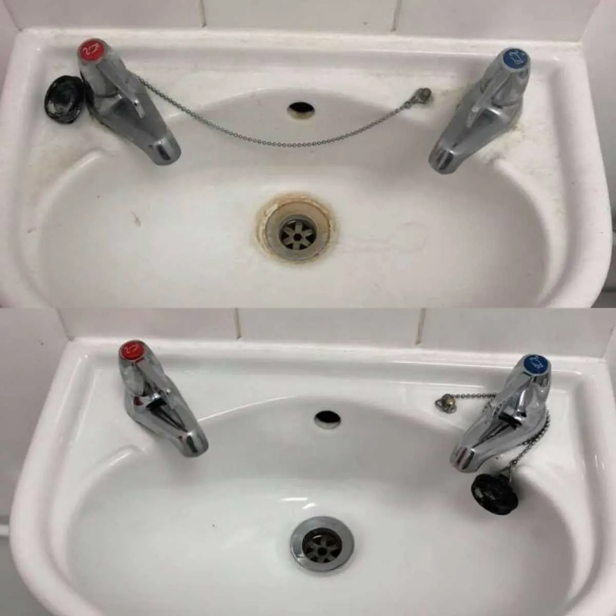 Bathroom basin before and after cleaning by Elite Cleaning Services Cambridge