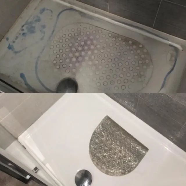Shower tray before and after cleaning by Elite Cleaning Services Cambridge